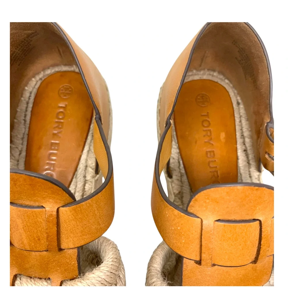 Tory Burch Sz 11 Fisherman Platform Espadrilles Silver/Brandy Leather Nautical
